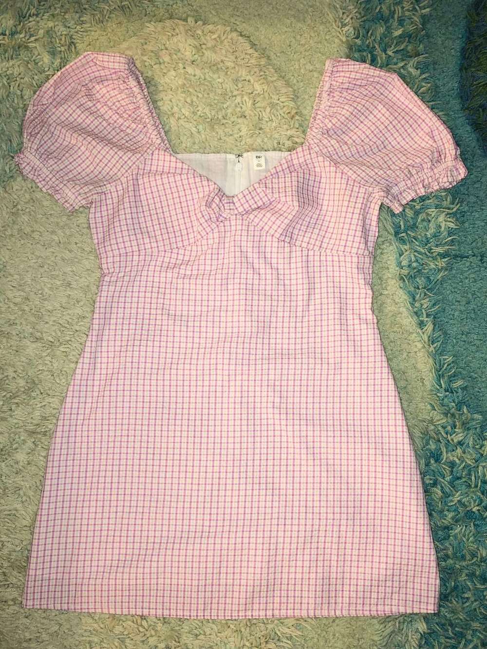 Pink Gingham Puff-Sleeve Mini Dress